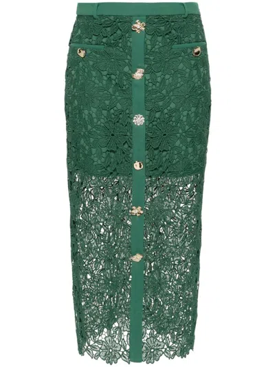 Self-portrait Guipure Lace Midi Skirt In Green