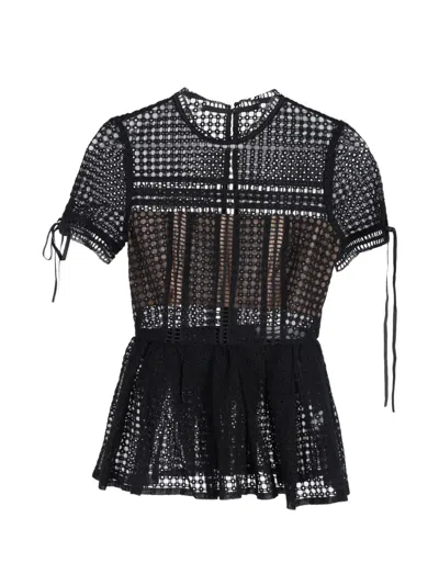 Pre-owned Self-portrait Guipure Lace Peplum Blouse In Black