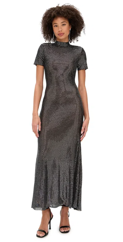 Self-portrait Gunmetal Rhinestone Mesh Midi Dress Grey In Gray