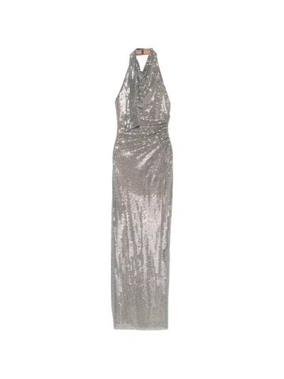 Self-portrait Grey Rhinestone Drape Maxi Dress In Gray