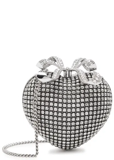 Self-portrait Heart Crystal-embellished Satin Clutch In Silver