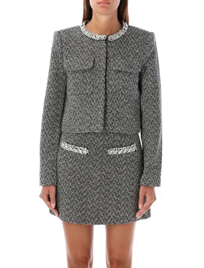 Self-portrait Embellished Cropped Herringbone Tweed Jacket In Black