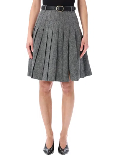 Self-portrait Herringbone Pleated Midi Skirt In Gray