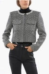Self-portrait Herringbone Wool Blend Blazer With Jewel Crew-neck In Gray
