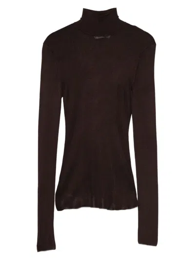 Self-portrait High-neck Ribbed Top In Brown