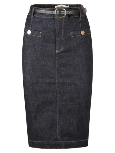 Self-portrait High-waisted Denim Midi Skirt With Front Pockets And Belt In Blue
