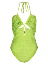 Self-portrait Embellished Cut-out Swimsuit In Green