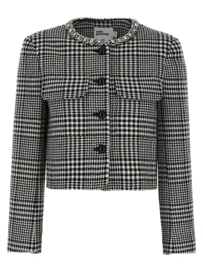 Self-portrait Houndstooth Jacket With Crystals In Gray