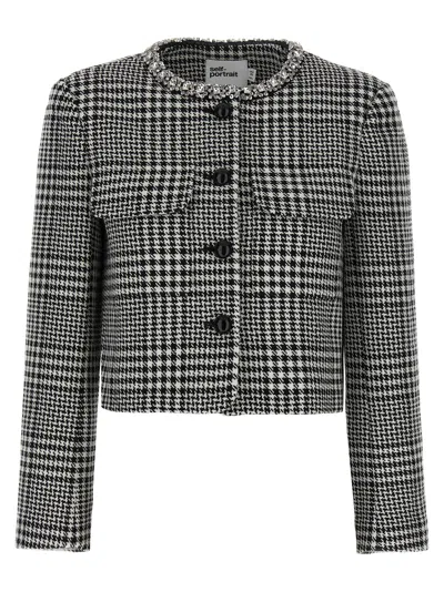 Self-portrait Houndstooth Jacket With Crystals In Gray