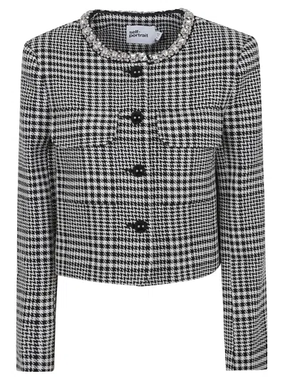 Self-portrait Houndstooth Jacket With Crystals In Gray