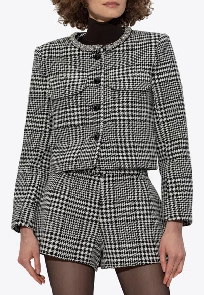 Self-portrait Houndstooth Crystal-trimmed Cropped Jacket In Black