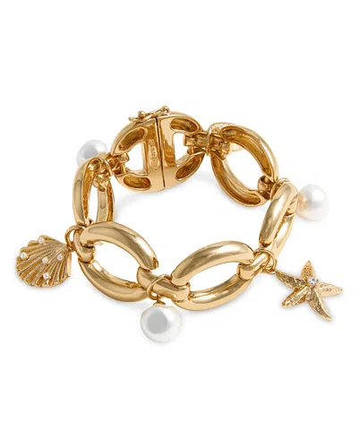 Self-portrait Self Portrait Imitation Pearl Seaside Motif Charm Bracelet In Gold