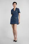 Self-portrait Denim Crystal Bow Mini Dress In Blue
