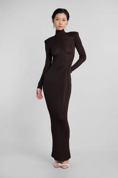 Self-portrait Brown Turtleneck Long Dress With Shoulder Pads In Viscose Woman In Black