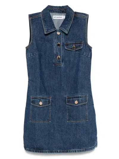 Self-portrait Indigo Blue Sleeveless Mini Dress With Classic Spread Collar