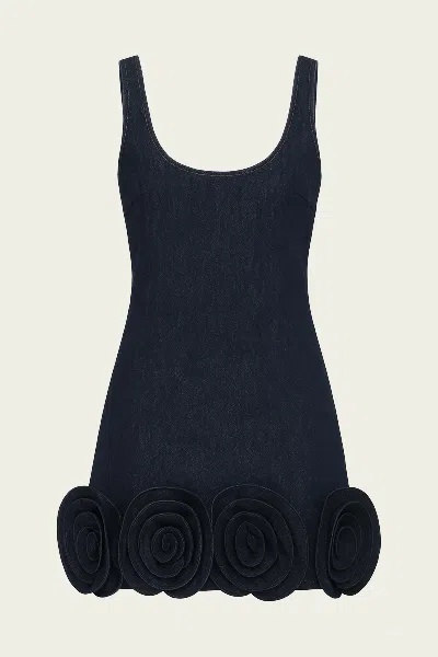 SELF-PORTRAIT INDIGO DENIM 3D FLOWER MINI DRESS