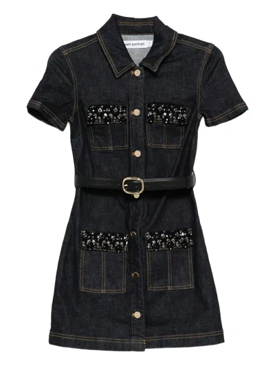 Self-portrait Self Portrait Indigo Denim Crystal Trim Mini Dress In Black