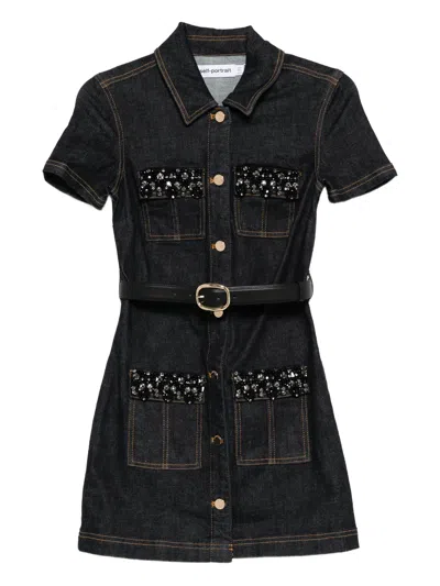 Self-portrait Indigo Denim Crystal Trim Mini Dress In Black