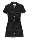 Self-portrait Womens Blue Crystal Short-sleeves Stretch-denim Blend Mini Dress In Black