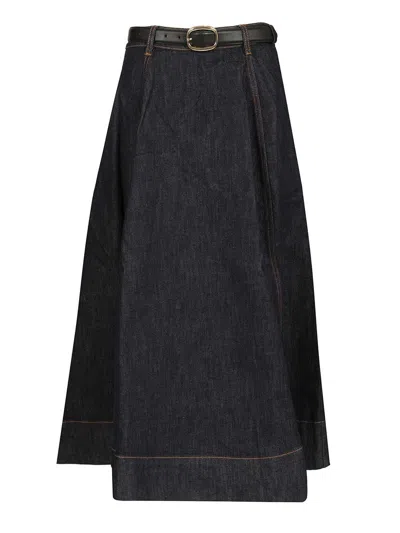 Self-portrait Indigo Denim Flared Midi Skirt Skirts Blue