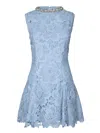 Self-portrait Bue Crewneck Mini Dress With Rhinestoned Collar And All-over Floral Lace Embroidery In Tech Fabric W In Blue