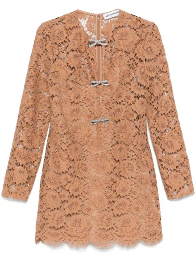 Self-portrait Tan Lace Bow Mini Dress Clothing In Brown