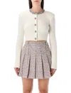 Self-portrait Whirw Cropped Crewneck Cardigan With Crystal Embellishments On Collar And Buttons In Wool Blend Woma In White