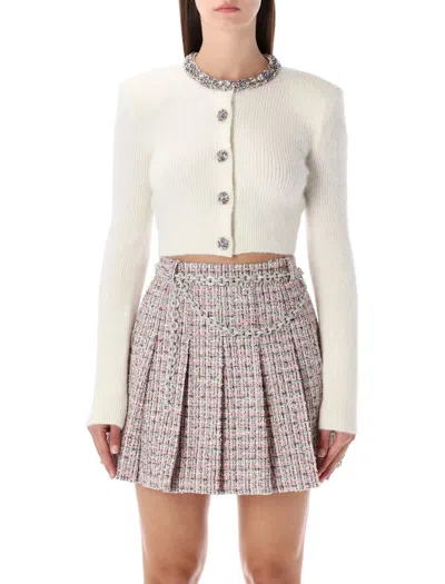 SELF-PORTRAIT SELF-PORTRAIT IVORY ALPACA CROPPED CARDIGAN WITH CRYSTAL TRIMS