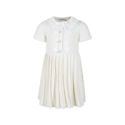 Self-portrait Kids' Ivory Knit Dress For Girl With Sequins And Embroidery