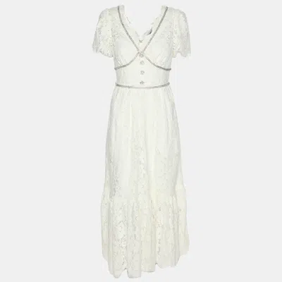 Pre-owned Self-portrait Self Portrait Ivory Lace Diamante Trim Midi Dress S