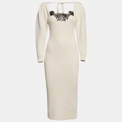Pre-owned Self-portrait Ivory Rib Knit Lace Trim Puff Sleeve Midi Dress S