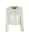 Self-portrait White Crewneck Jacket With Sequin And Faux-pearls Embellishments In Tech Fabric Woman In White
