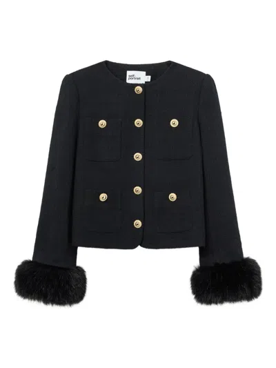 Self-portrait Jacket With Faux Fur Cuffs In Black