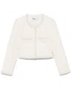 Self-portrait White Crewneck Jacket With Sequin And Faux-pearls Embellishments In Tech Fabric Woman In Bianco