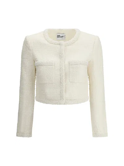 Self-portrait Boucle Jacket With Pearls In Neutrals