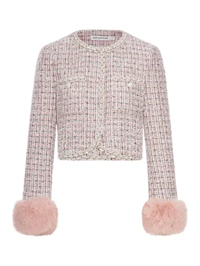 Self-portrait Jacket With Pink Bouclé Fur Cuffs In White
