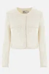Self-portrait White Crewneck Jacket With Sequin And Faux-pearls Embellishments In Tech Fabric Woman