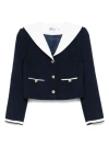 Self-portrait Belted Waist Short Jacket With Stripe Trim In Blue