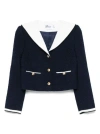 Self-portrait Belted Waist Short Jacket With Stripe Trim In Blue