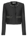 Self-portrait Taffeta Embellished Trim Jacket In Black