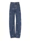 Self-portrait Wide-leg Cotton Jeans With Strass Floral Embellishments In Blue