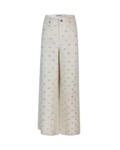 Self-portrait Cream Denim Diamante Bow Jeans In Beige