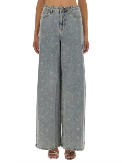 Self-portrait Light Blue Wide-leg Jeans With Crystal Embellishment And Classic Five-pocket Design