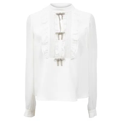 Self-portrait Jewel Bow Ruffle Bib Front Long Sleeve Chiffon Blouse In White Polyester