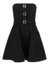 Self-portrait Strapless Black Cotton Denim Mini Dress With Jewel Button Detail In Black
