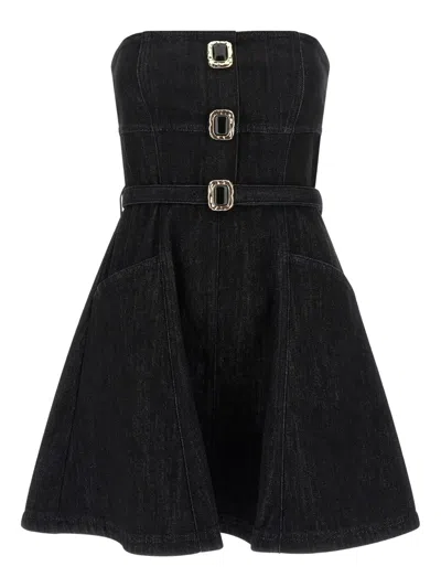 Self-portrait Jewel-button Denim Mini Dress In Black