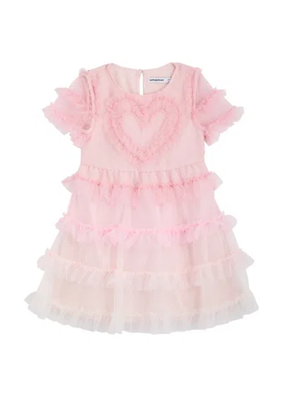 Self-portrait Kids' Mesh Polka-dot Dress (3-12 Years) In Pink