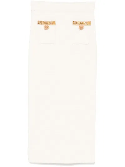Self-portrait Knee-length Skirt With Textured Fabric And Gold Accents In White
