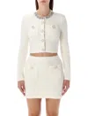 Self-portrait White Crewneck Cropped Cardigan With Crystal Embellishments On The Collar In Cotton Blend Woman In White
