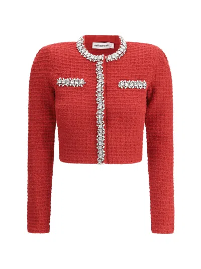 Self-portrait Short Cardigan With Crystals In Red